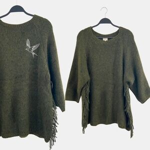 Ma(e)vy Maevy Concept Green Fringe Knit Sweater Bird Embroidery Oversized OS